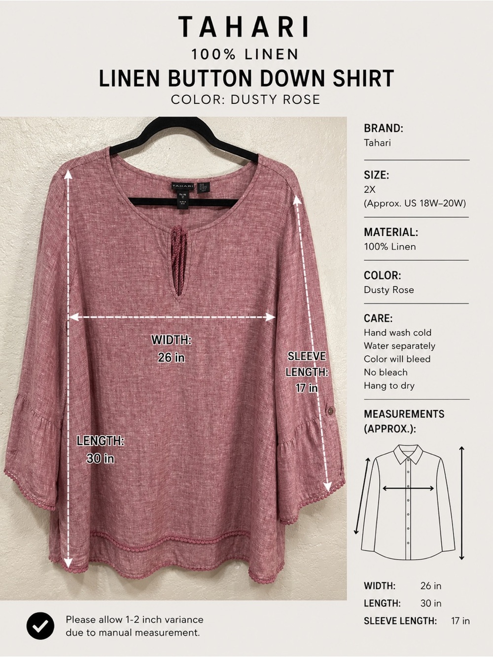 Tahari Dusty Rose Linen Tie-Neck Button-Down Blouse